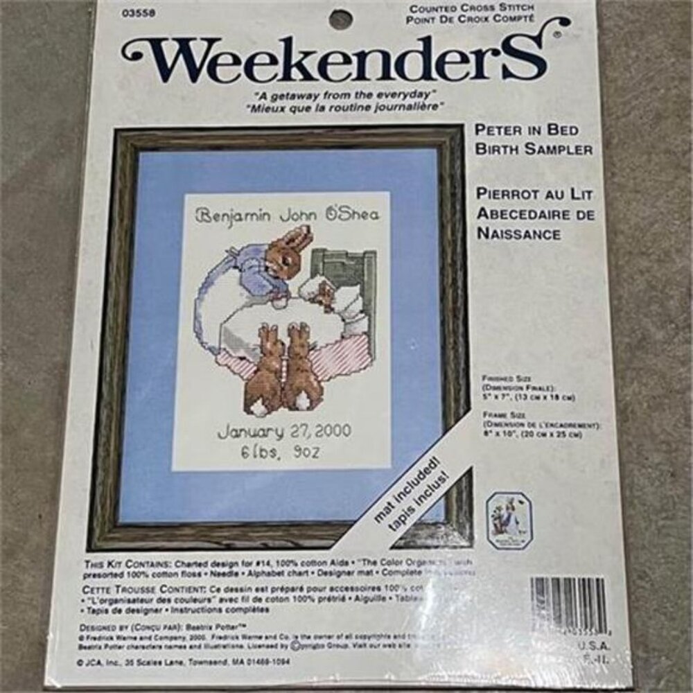 Weekenders counted cross stitch Peter Rabbit In Bed Birth Record sampler #03558